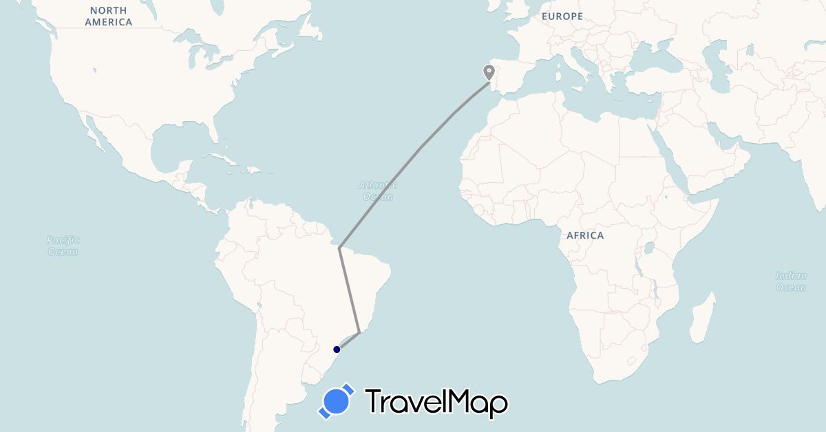 TravelMap itinerary: driving, plane in Brazil, Portugal (Europe, South America)